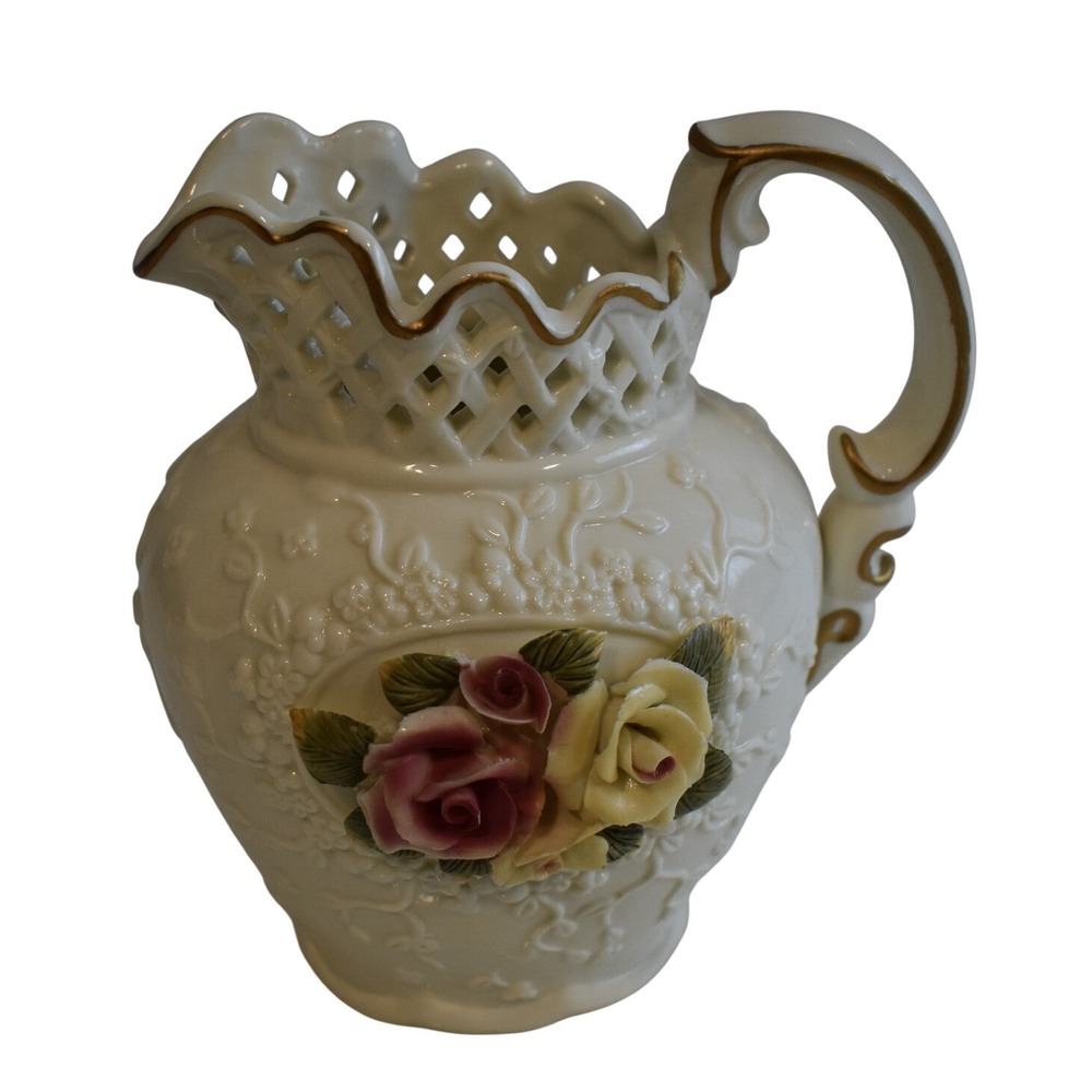 Unbranded Decorative Pitcher Home Decor 7.5in White Excellent Floral Lattice